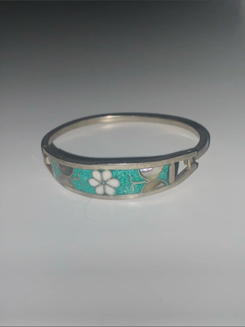 Small Turquoise Floral Inlay Hinged Bangle Bracelet for Girls or Tiny Wrists